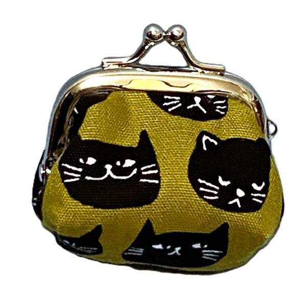 【SAYURI】ハンドメイド角型がま口財布（小）　黒猫の顔　マスタード